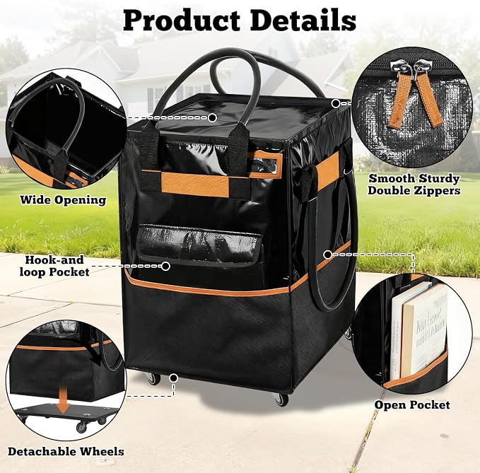 Reusable Grocery Bag on Wheels, 75L Large-Capacity Zippered Roller Tote, Carries Up to 66 LBS, Lightweight for Groceries, Laundry, Moving, Storage