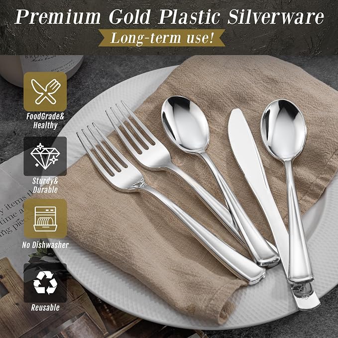 WDF 160 Pieces Silver Plastic Silverware - Silver Disposable Silverware - Plastic Silverware Heavy Duty - 80 Forks 40 Knives 40 Spoons - Disposable Cutlery Perfect for Party Baby Shower Wedding Spring
