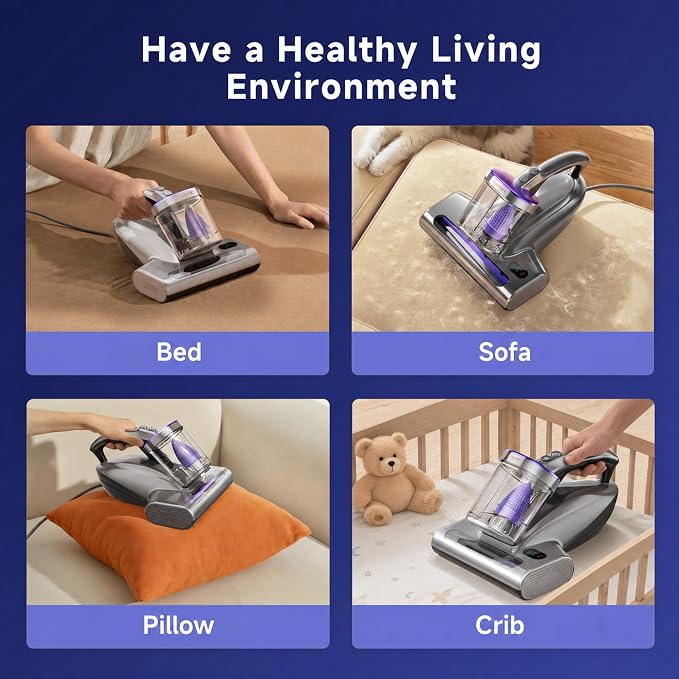 uwant Mattress Vacuum Cleaner, 18KPa Bed Vacuum with 253.7nm UV-C Light, 500W Powerful Handheld Vacuum with 65° Hot Air, 60000 RPM/Min Tapping, Ultrasonic, HEPA Filter for Bed, Sofa, Crib Set of 1