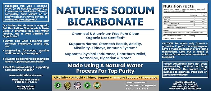Sodium Bicarbonate Aluminum Free Organic Use bicarbonato de sodio para tomar. Chemical free For Health & Wellness. Bicarbonate of Soda Powder instead of sodium bicarbonate tablets 3.5 Ib