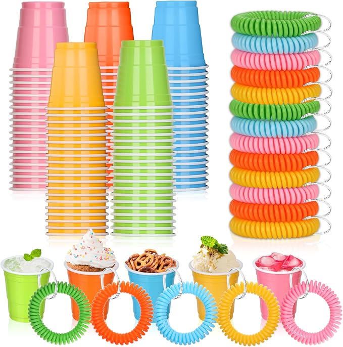 100 Pcs Multi Colors Shot Cups with Wristband for Party 2oz Plastic Shot Glasses Bulk Disposable Mini Shot Glasses with Bracelet Wear On Solo Cups for Festival Birthday Carnival Easter Party Supplies