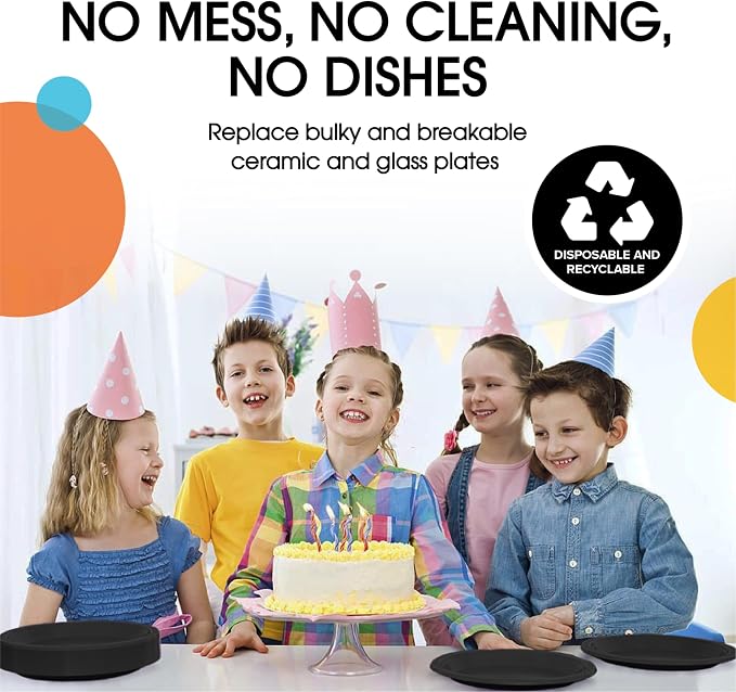 Exquisite Party Solids Black Plastic Plates For Party 9" Black Disposable Plates 50 Pcs Plastic Dinnerware Sets Heavy Duty 350 GSM Disposable Dinnerware Set