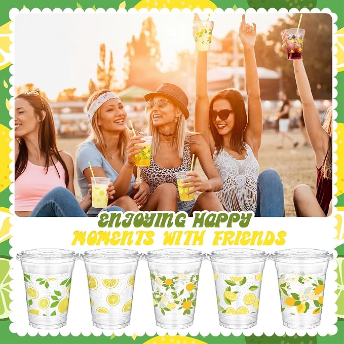 FoldTier 100 Pcs Lemon Plastic Cups with Lids and Straws 12oz, Disposable Lemon Drink Stand Cups for Birthday Wedding Bridal Baby Shower Supplies Summer Citrus Fruit Party Decorations
