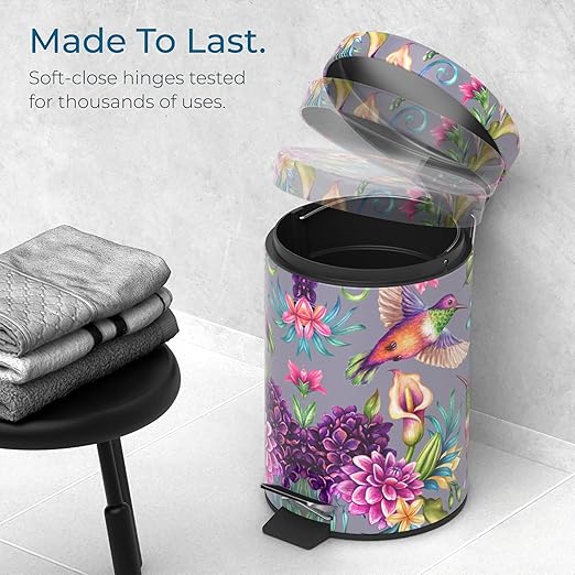 Sanilo Small Bathroom Trash Can with Lid [1.3 Gallon] - Lidded Tiny Trashcan for Garbage - Mini Metal Bin with Soft Closing Mechanism - Bath Room Accessoire Wastebin with Inner Bucket (Hummingbird)