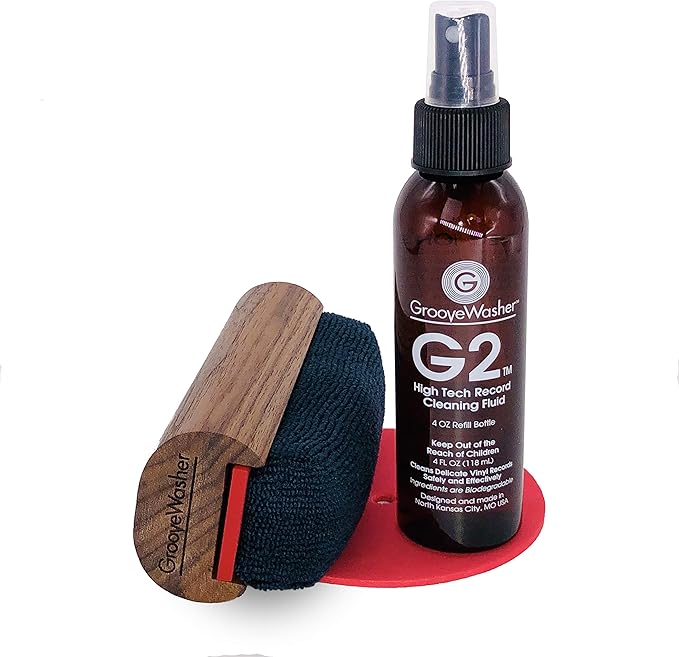 GrooveWasher Vinyl Record Cleaning Kit – Handcrafted Hardwood Handle with Scratch-Free Microfiber Pad, Essential LP Care System Includes G2 Cleaning Fluid Spray + Bonus, Erase Fingerprint Oils & Dirt