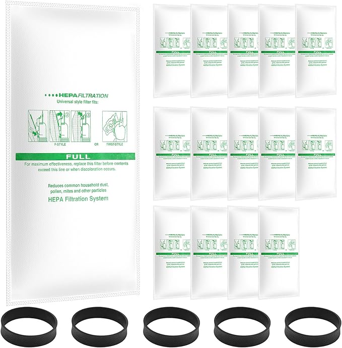 15 + 5 Pack Compatible with Vacuums 204811 Filter Plus Bags Universal Cloth Bags and Belts 301291 for F-Style and Twist-Style, and All Models Generation 4 - Sentria II 204814