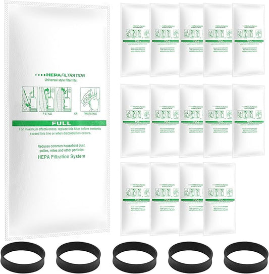 15 + 5 Pack Compatible with Vacuums 204811 Filter Plus Bags Universal Cloth Bags and Belts 301291 for F-Style and Twist-Style, and All Models Generation 4 - Sentria II 204814