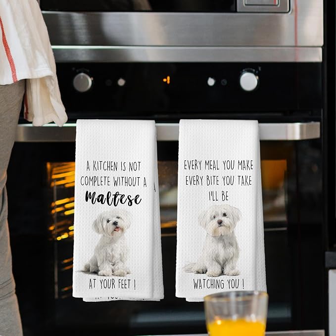 Maltese Dog Kitchen Towels Set of 2, Funny Dog Kitchen Decor, Dogs Gifts for Women Men Hand Towel, Pet Owner Gift Decorative Tea Towels Dish Towel 16x24 Inch