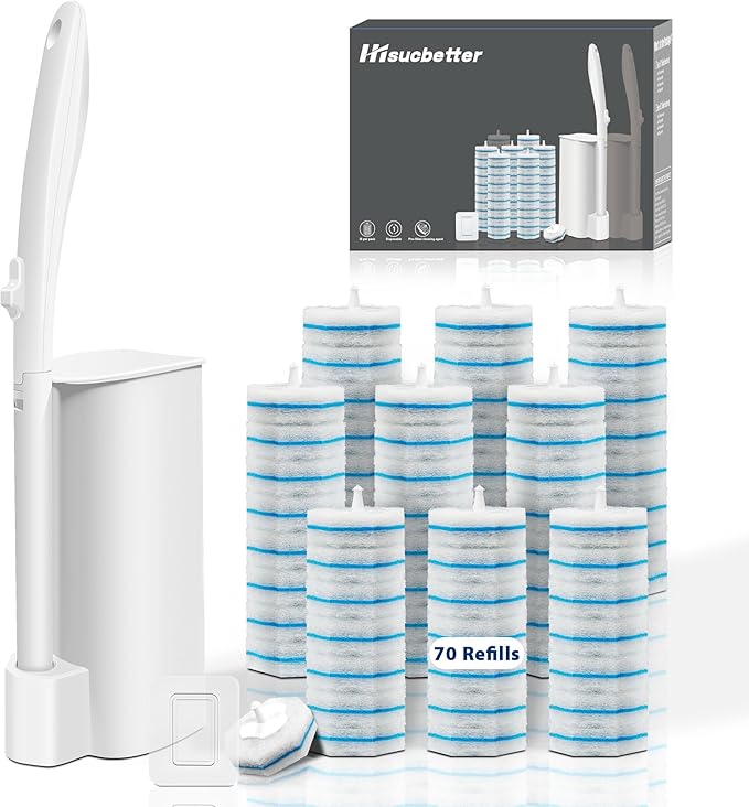 Disposable Toilet Brush with 70 Toliet Wand Refills, Toilet Brush and Holder, Wall-Mounted Toilet Bowl Wand Kit, Toilet Cleaning Supplies, 1 Pack.