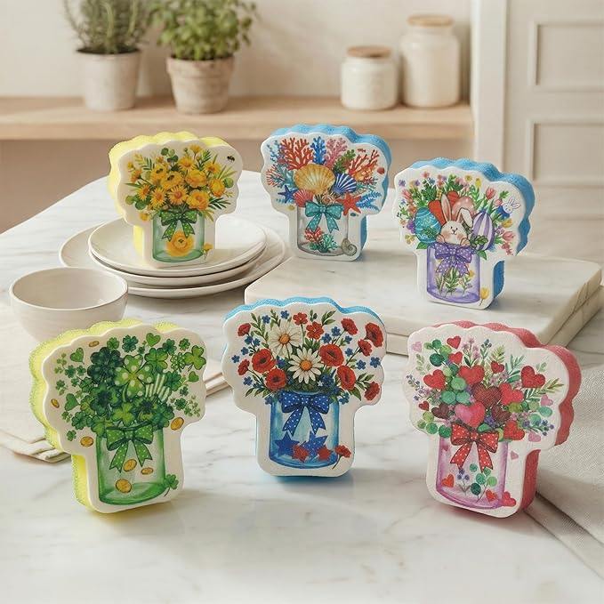 Bulimumu 3-Layer Floral Vase Dish Sponge (6 Pack) - Swedish Dishcloth Top + Soft Sponge Middle + Smart Temperature-Sensing Scrubber - Dual-Action Non-Scratch Kitchen Cleaning