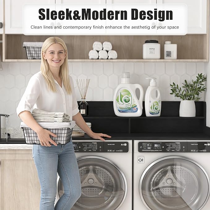 Piskyet Washer Dryer Countertop,2- Tier Laundry Countertop with Edge Rails,27.5" Depth x 54" Wood Countertop,Laundry Machine Topper for Laundry Room Organization and Storage(Black)