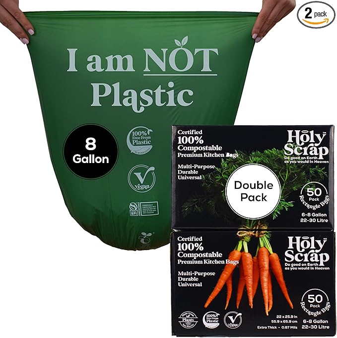 Medium Compostable Trash Bags - 6-8 Gallon, 100 Pack | Odorless, Plastic-Free & Decomposing Kitchen, Bathroom & Countertop Garbage Bag & Liners | Thick Bin Bags for Green & Food Waste