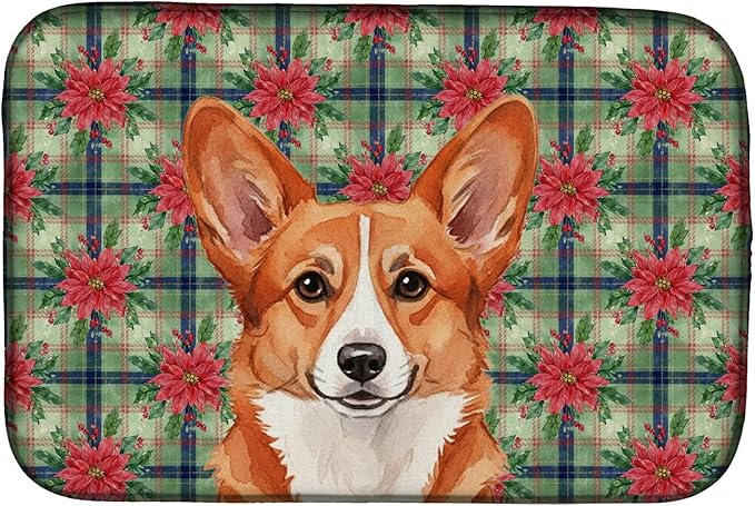 Caroline's Treasures Red Cardigan Welsh Corgi Christmas PoinsettIas Dish Drying Mat Absorbent Dish Drying Mat Pad for Kitchen Counter Dish Drainer Mat for Countertop, 14 x 21", Multicolor