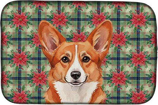 Caroline's Treasures Red Cardigan Welsh Corgi Christmas PoinsettIas Dish Drying Mat Absorbent Dish Drying Mat Pad for Kitchen Counter Dish Drainer Mat for Countertop, 14 x 21", Multicolor