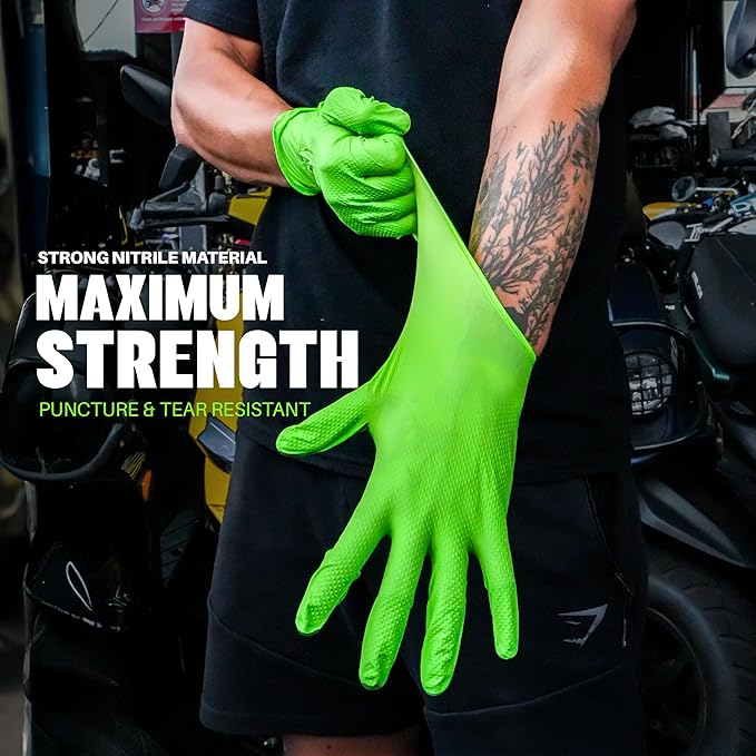 GRIPXX Herkules Grip Heavy Duty 8Mil Green Nitrile Gloves,3D Raised Diamond Texture-Latex & Powder Free-Industrial, Mechanic | Pack of (100 CT)