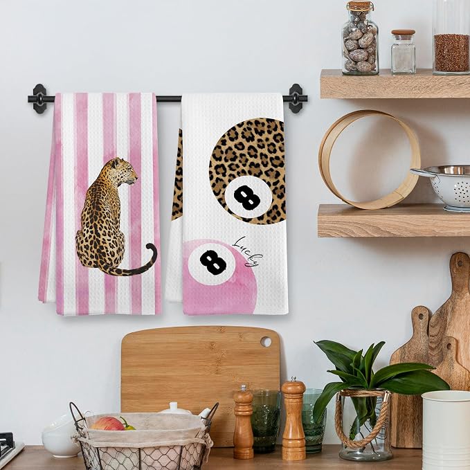 Trendy Leopard Cheetah Print Poker Lucky 8 Ball Bathroom Decor, Preppy Funky Pink Stripe Decor Dish Hand Towels for Bathroom Kitchen Sets of 2, Cheetah Kitchen Towels and Dishcloths, 16x24in