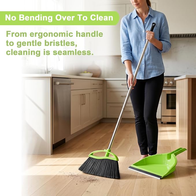 Soft Bristle Broom and Dustpan Combo Set, Long Handle Indocor Broom with Dustpan Set for Kitchen Hardwood Room Office and All Household Floor Cleaning (Green)