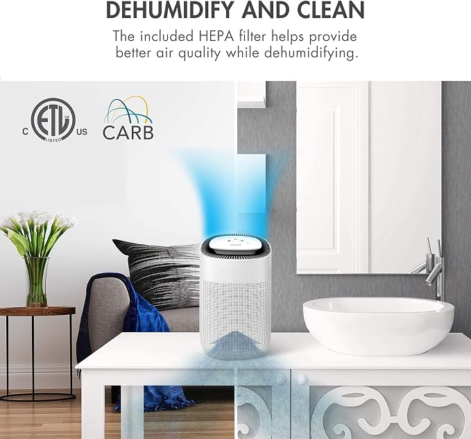 Tenergy Sorbi Dehumidifier w/Air Purifying Function and 3-Pack Replacement H13 Medical Grade Hepa Filter, Ultra-Quiet, Adjustable Air Speeds, and Touch Control