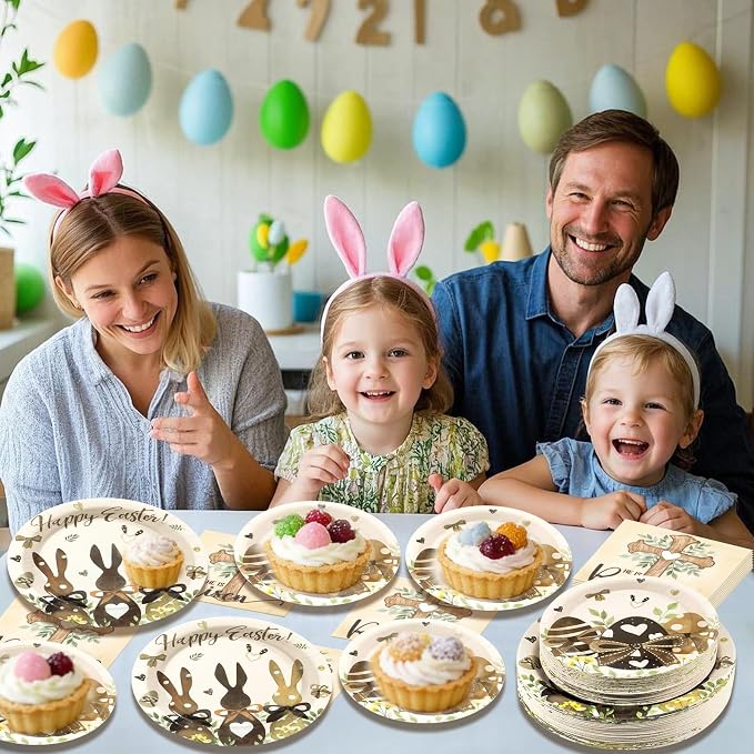 150 Pcs Happy Easter Plates and Napkins,Easter Egg Bunny Disposable Dinnerware Set for Holiday Party Supplies Table Decorations, Serves 50