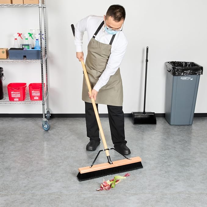 Restaurantware-Clean Tek Professional 24 Inch Push Broom, 1 Heavy-Duty Broom with 60” Handle - Fine Plastic Bristles, Durable, Wooden, Commercial Use, for Deck, Driveway, Garage, Yard, Patio