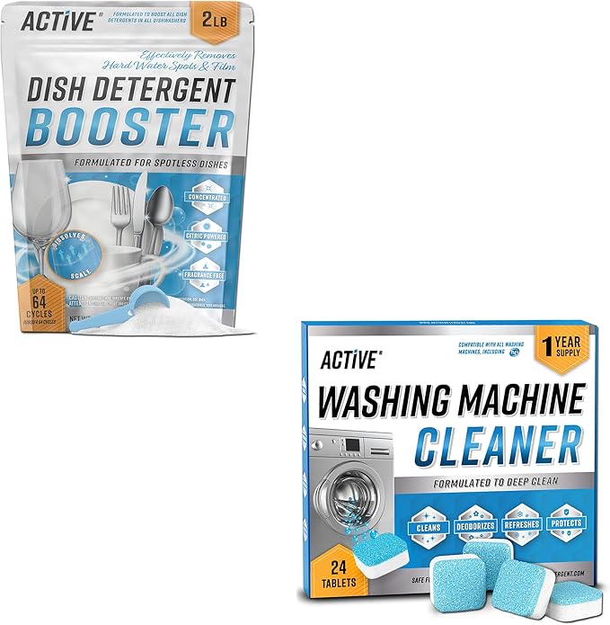 ACTIVE Washing Machine Cleaner and Dishwasher Detergent Booster - Includes 24ct Washer Cleaning Tablets and 32oz Dish Boosting Powder