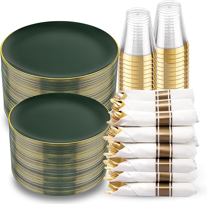 KIRE 350PCS Green Plates Disposable - Heavy Duty Green and Gold Plates - 50Guest Include Green Plastic Dinnerware - Pro Rolled Napkins with Gold Silverware and Cups for 2026 FIFA World Cup&Party
