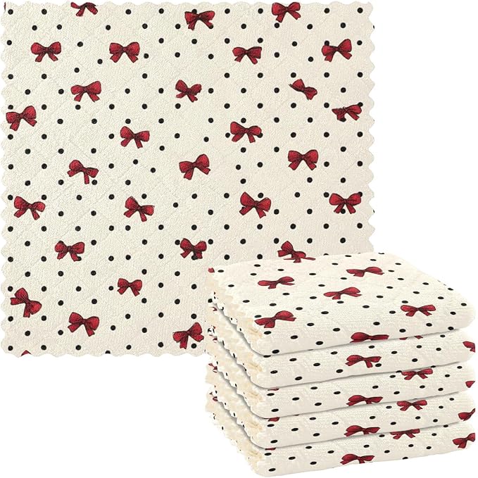 JIPONI 6 Pack Kitchen Dishcloth, Cute Bow Polka Dot Absorbent Kitchen Towels for Dishes, Fast Drying Microfiber Dish Rags, 11x11 inch