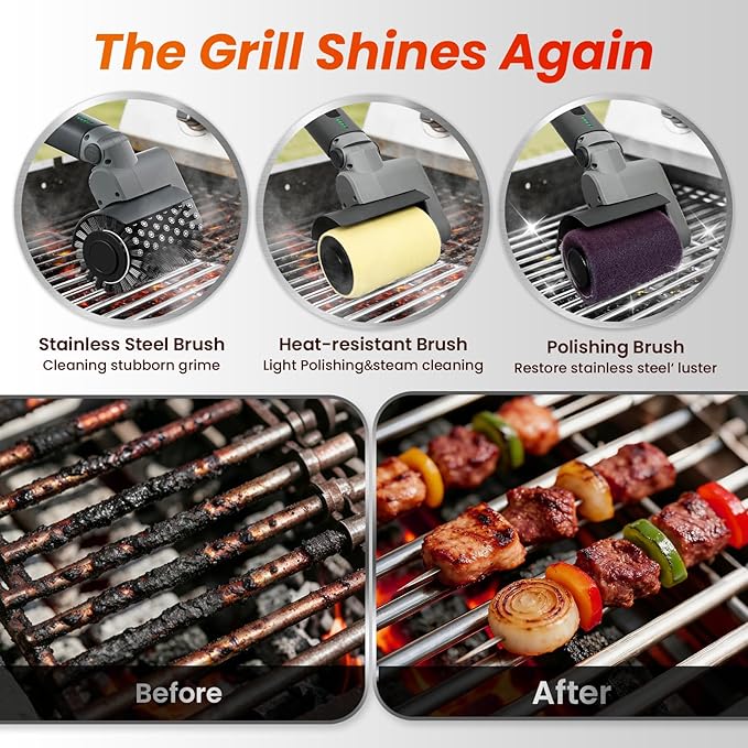 Electric Grill Brush for Outdoor Grill,3-in-1 Kit Cordless Rotary Grill Cleaner with 3-Speed Control&Angle Adjust,Safe for Cast Iron/Stainless-Steel Grates,Ideal BBQ Gifts for Men Dad
