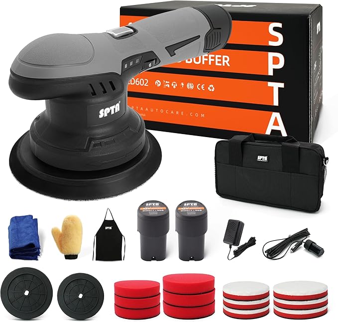 Cordless Car Buffer Polisher, SPTA Polisher with 2Pcs 12V Lithium Rechargeable Battery Brushless Polisher with Variable Speed, Portable Polisher with Polishing Pads Kit For Waxing