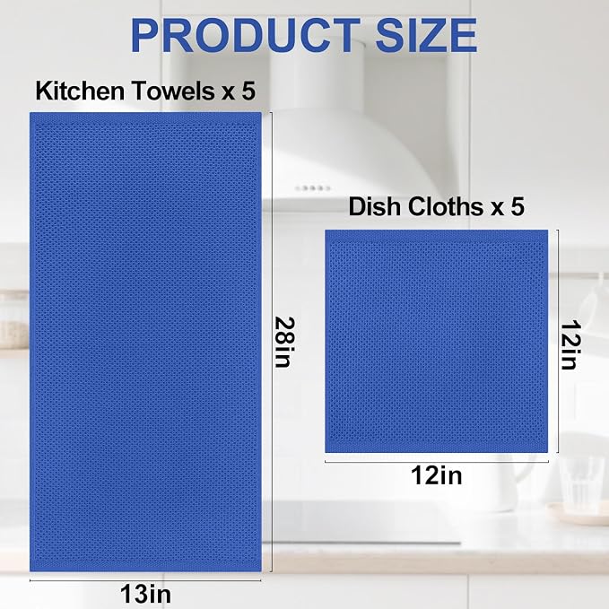 Homaxy 100% Cotton Kitchen Towels and Dishcloths Set, 12 x 12 Inches and 13 x 28 Inches, Set of 10 Bulk Kitchen Towels Set, Ultra Soft Absorbent Dish Cloths for Washing Dishes, Blueberry