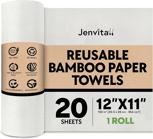 Reusable Paper Towels Bamboo | Ultra Absorbent & Durable | Reusable Paper Towel Washable Roll | FSC Certified | 100% Rayon Derived From Bamboo | Towel Alternative | 20 Sheets, 12"x11" | 1 Roll