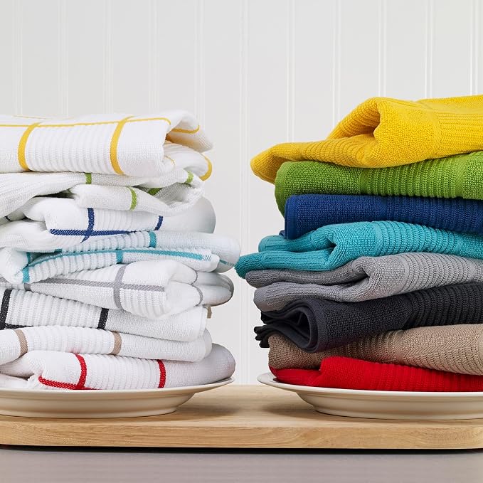 T-fal Solid & Checked Parquet Kitchen Towels: Highly Absorbent, Super Soft Long Lasting - 100% Cotton, 16"x26" Dish Towels for Cleaning & Drying Dishes, Pans, Glassware, or Countertops, 2-Pack, Breeze
