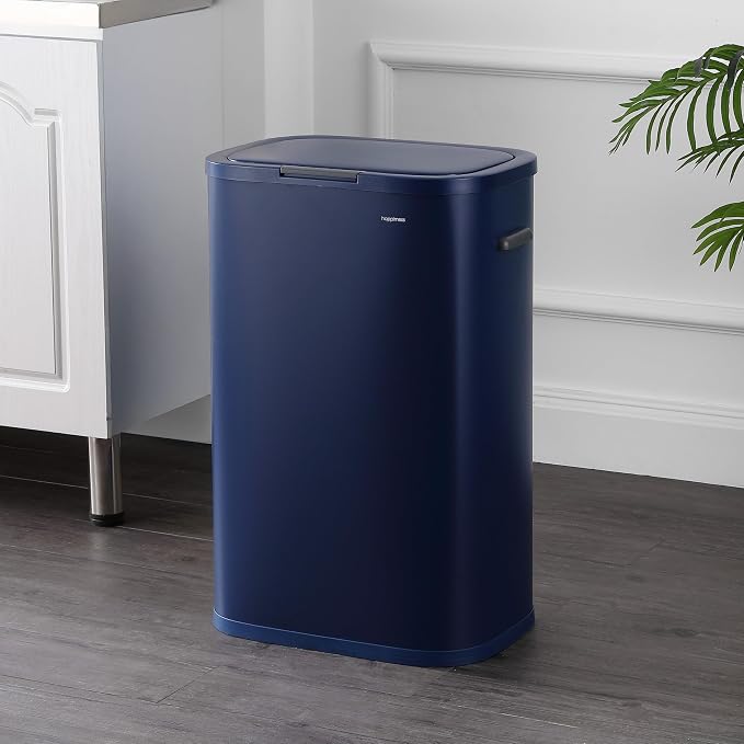 happimess HPM1017J Tammi Kitchen 14.5-Gallon Slim Metal Push Button Trash Can for Home, Kitchen, Laundry Room, Office, Bedroom, Bathroom, Denim Blue