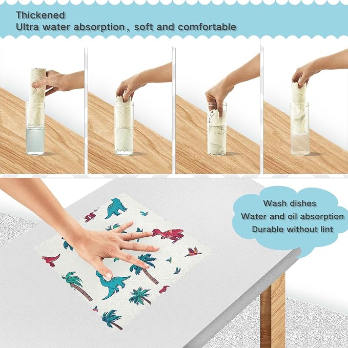 White Dinosaur Hummingbirds Palm Trees Kitchen Towels Dish Cloths Set of 6 Microfiber Cleaning Cloths for Cars Super Absorbent Machine
