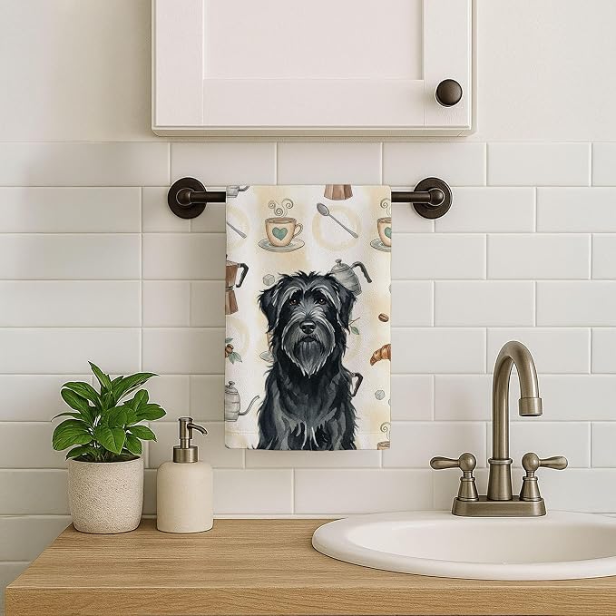 Caroline's Treasures Black Briard Coffee Bar Kitchen Towel Velour Plush Front and Cotton Loop Back Machine Washable