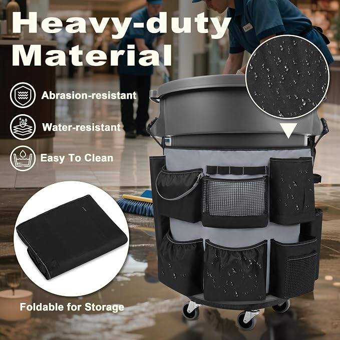 HODRANT 32-55 Gallon Trash Can Caddy Bag, Garbage Bin Apron Caddy with Multiple Pockets for Cleaning Supplies, Cleaning Tool Organizer with Adjustable Buckle for Janitorial Trash Can, Black+Gray