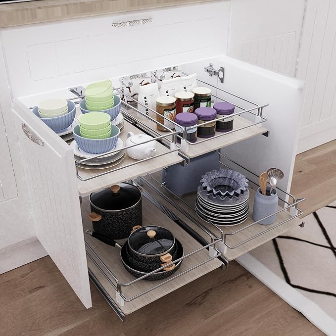 Pull Out Cabinet Organizer 20" W X 22" D, Slide Out Drawers For Kitchen Organizers and Storage, Pull Out Drawers For Cabinets Capacity Heavy Duty Caddy, Cabinet Shelves Wood Chrome, Pantry Storage