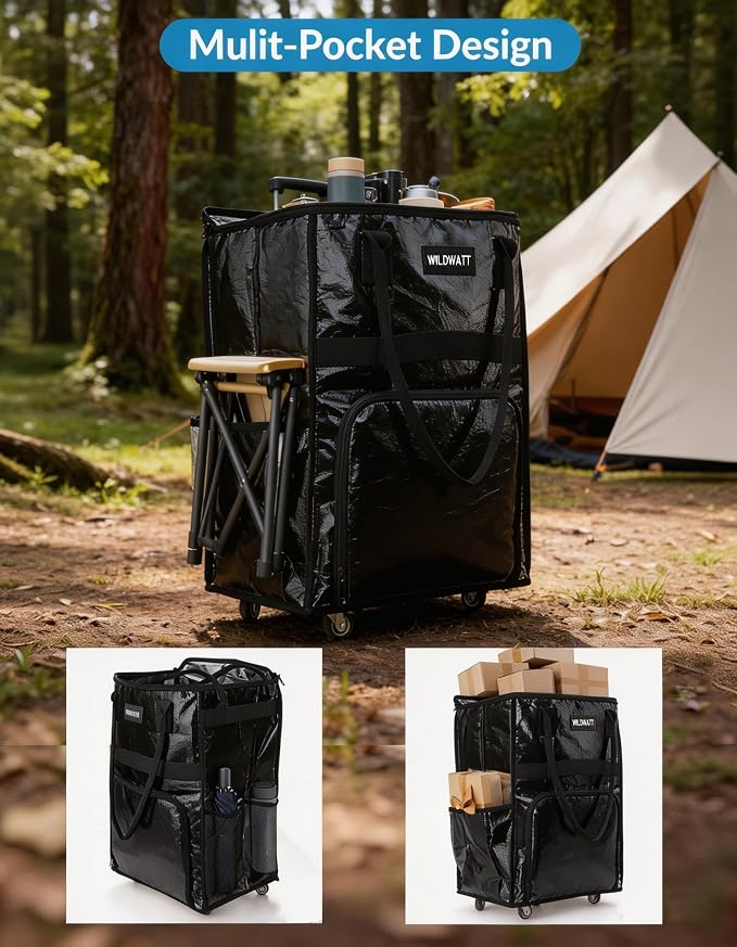 Reusable Rolling Shopping Bag with 5 Wheels, Foldable Grocery Cart Tote with Zipper, Lightweight Heavy-Duty Carry Bag HoldsUp to 66 lbs for Groceries, Laundry, Camping, Moving,Black