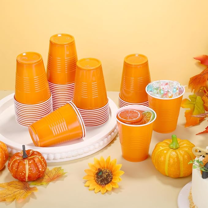 Kochorie 100 Pack Disposable Plastic Cups 12 Ounce Orange Solo Cups Drinking Party Cups Bulk Party Cups for Fall Thanksgiving, Wedding Birthday Parties, Picnics Events