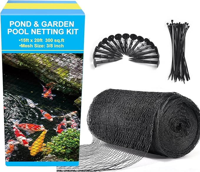 BUZIFU Pond Netting, 15 x 20FT Heavy Duty Pond Net for Koi Ponds, Garden Pool Fine Mesh Netting Kit for Leaves, Protects Koi Fish from Birds Cats Predators, with 14 Stakes and 30 Cable Zip Ties