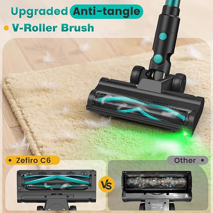 Zefiro Cordless Vacuum Cleaner,45Mins Runtime Vacuum Cleaners for Home, Anti-Tangle and 1.5L Dust Cup, Lightweight Vacuum for Hardwood Floor Carpet Pet Hair