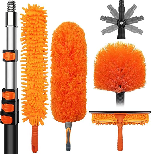 DALTACK 32 Foot High Dusters Kit for Cleaning with 5.6-24 Foot Heavy Duty Extension Pole, Extendable Reusable Cobweb, Feather, Ceiling Fan Cleaner Duster, Window Squeegee Kit