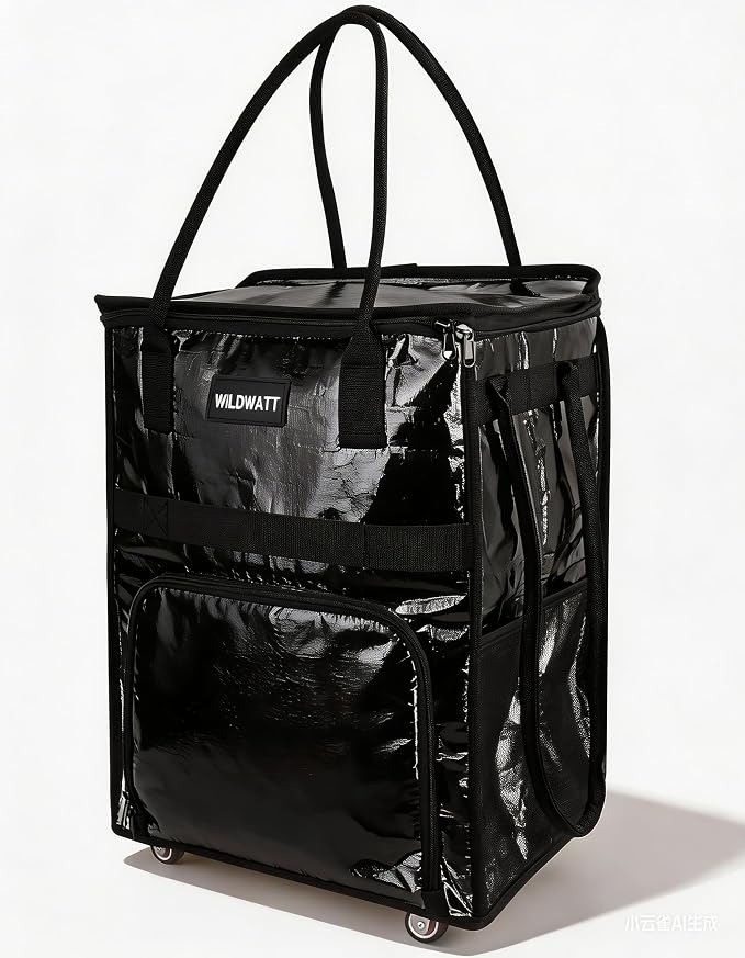 Reusable Rolling Shopping Bag with 5 Wheels, Foldable Grocery Cart Tote with Zipper, Lightweight Heavy-Duty Carry Bag HoldsUp to 66 lbs for Groceries, Laundry, Camping, Moving,Black