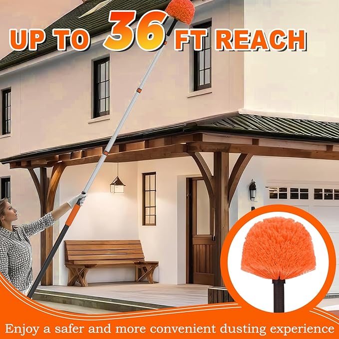 SISUPASSIE 36FT Reach Cobweb Duster with Extension Pole, High Ceiling Long Duster with 7-30FT Telescoping Pole, Spider Web Brush for Indoor Outdoor Use