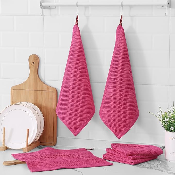 Kitinjoy 100% Cotton Kitchen Dish Cloths (12 X 12 Inches, Hot Pink), 8 Pack Waffle Weave Ultra Soft Absorbent Dish Towels for Drying Dishes Quick Drying Kitchen Towels Dish Rags