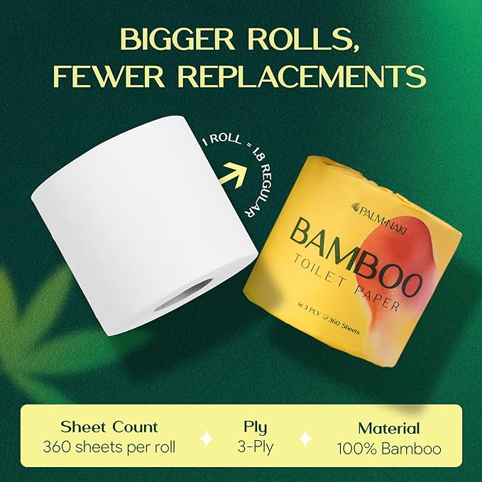 Premium Bamboo Toilet Paper | 3-Ply – Strong & Absorbent | Tree-Free, FSC Certified, BPA/PFAS-Free | Septic-Safe, Lint-Free | 12 Mega Rolls (360 Sheets/Roll) | PALM NAKI