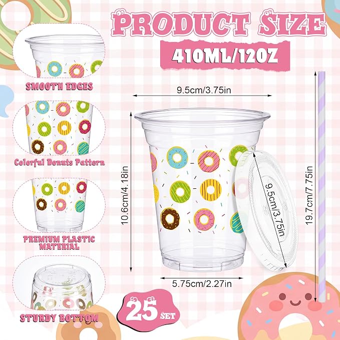 Domensi 25 Sets Donut Themed Plastic Cups with Lids and Paper Straws 12oz Colorful Disposable Drinking Cups Bulk for Cold Drinks Baby Shower Wedding Picnic Summer Theme Birthday Party Supplies