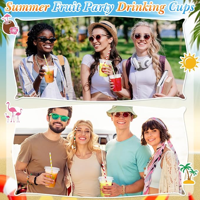 Blushtier 300 Pcs Summer Disposable Plastic Cups with Lids and Straws - 12oz Hawaii Laua Party Favors - Flamingo Disposable Clear Palm Tree Floral Tropical Drinking Cups for Party