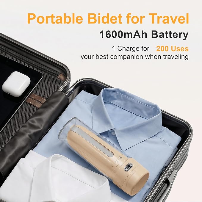 Electric Portable Bidet for Postpartum & Women, Whisper-Quiet Handheld Sprayer with 3 Pressure Modes, 1600mAh USB-C Rechargeable, IPX7 Waterproof (Light Orange)