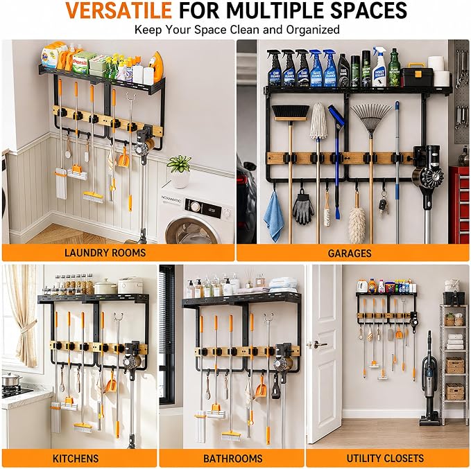 Large Broom Mop Holder Wall Mounted with Top Shelf,3-in-1 Cleaning Supplies Organizer, Laundry Room Storage Rack with 5 Clamps and 6 Removable Hooks for Home Garage, Utility Room and Kitchen